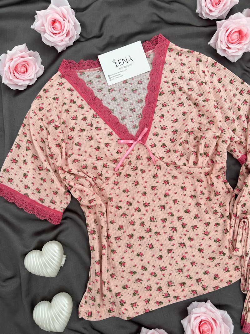 Mor Çiçek Kısa Kollu Raporlu Pijama Takımı