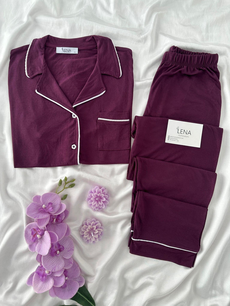 Mürdüm Biyeli Kısa Kollu Pijama Takım
