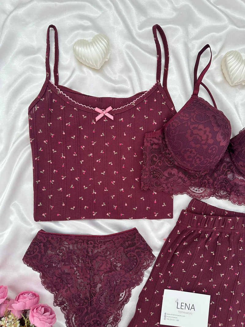 Mürdüm Çiçek Desenli Pamuklu 4lü Şortlu Pijama Takımı