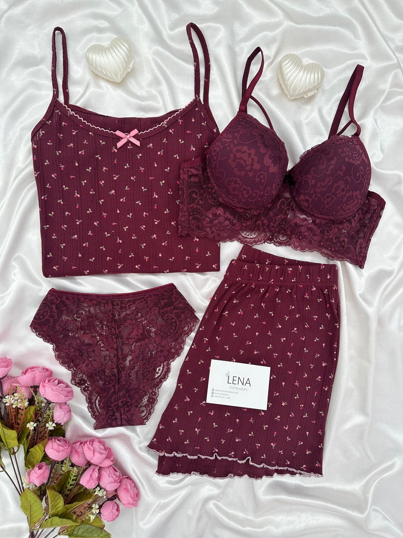 Mürdüm Çiçek Desenli Pamuklu 4lü Şortlu Pijama Takımı