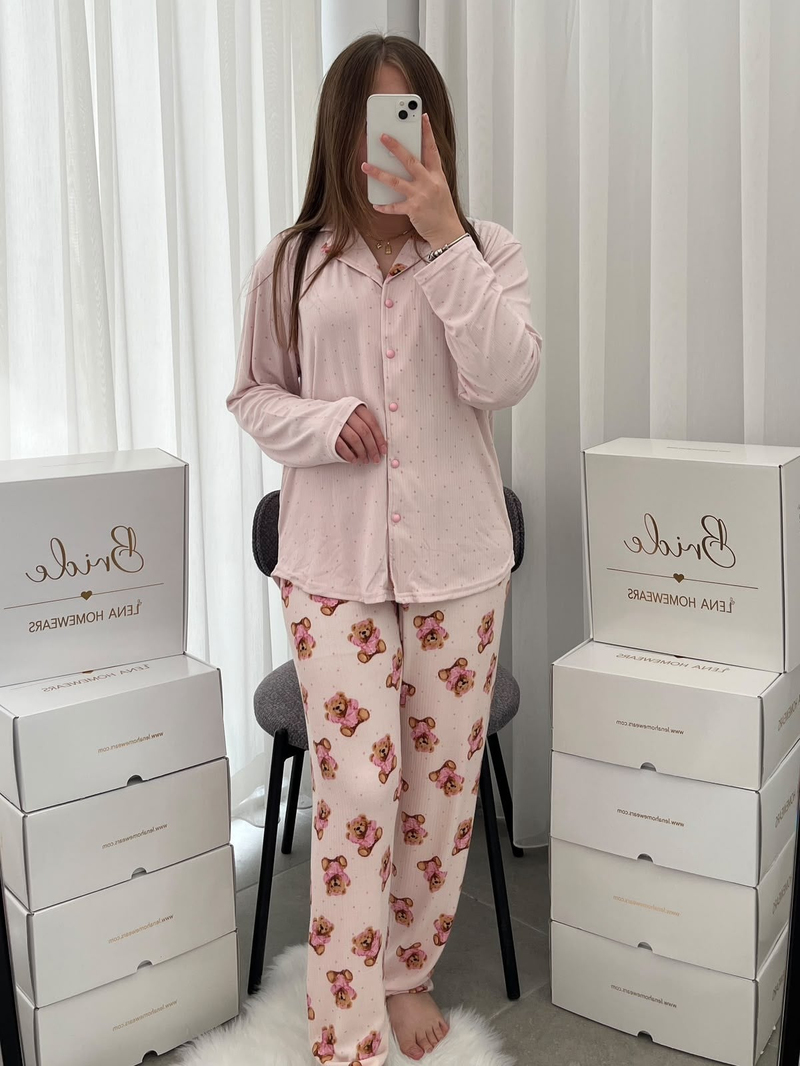 Pembe Ayıcık Desenli Uzun Kollu Pijama Takımı