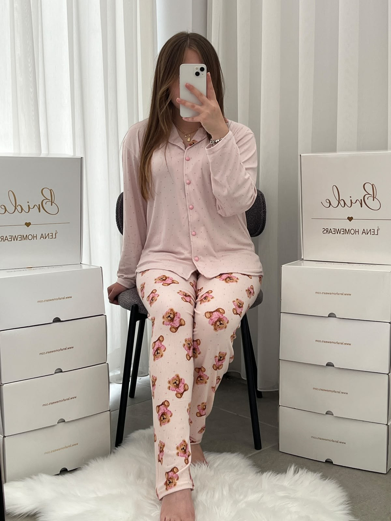 Pembe Ayıcık Desenli Uzun Kollu Pijama Takımı