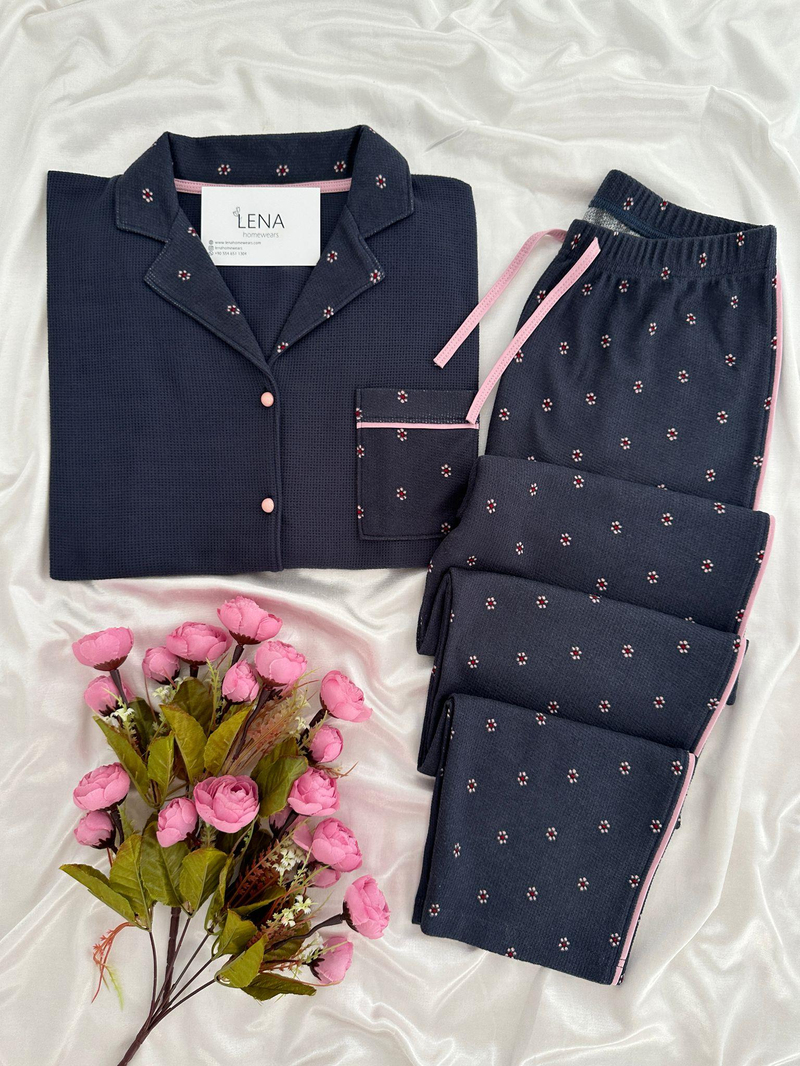Çiçek Desenli Füme Waffle Premium Pijama Takımı