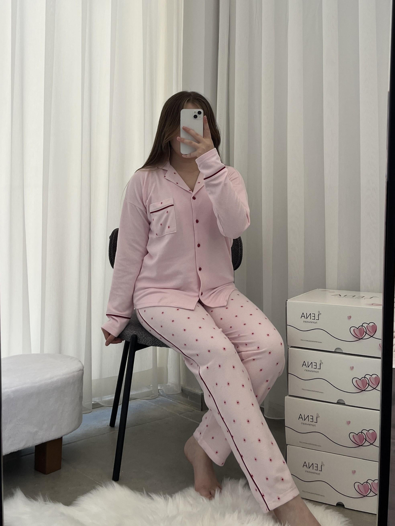 Çiçek Desenli Pembe Waffle Premium Pijama Takımı