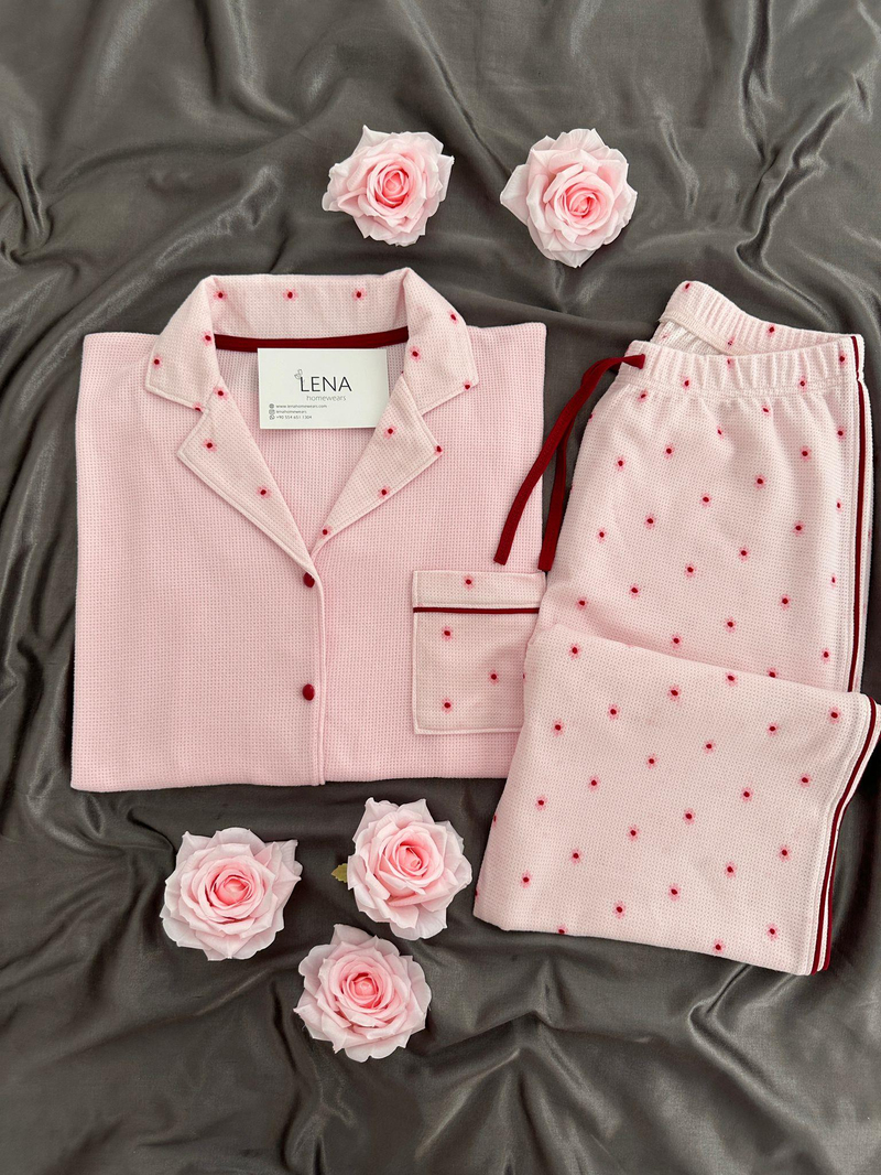 Çiçek Desenli Pembe Waffle Premium Pijama Takımı