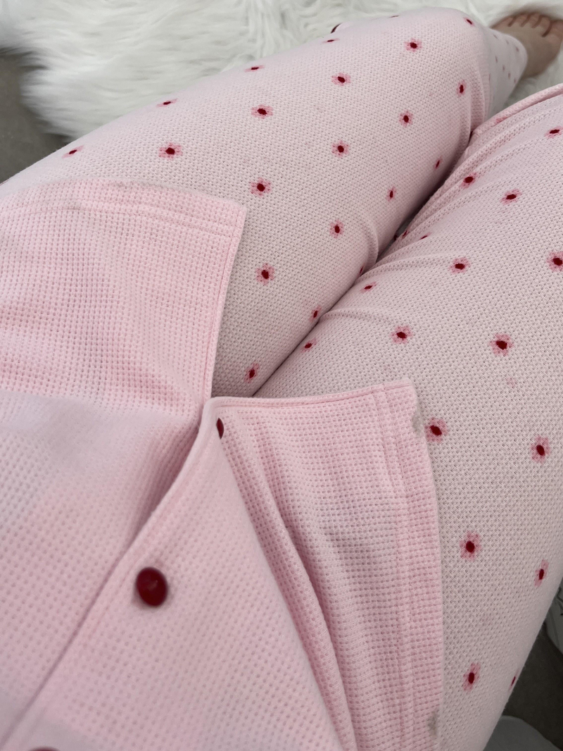 Çiçek Desenli Pembe Waffle Premium Pijama Takımı
