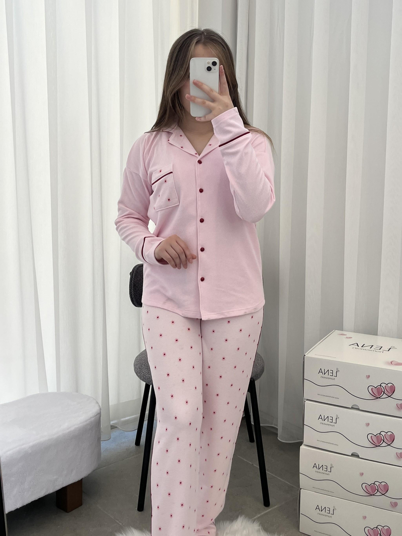 Çiçek Desenli Pembe Waffle Premium Pijama Takımı