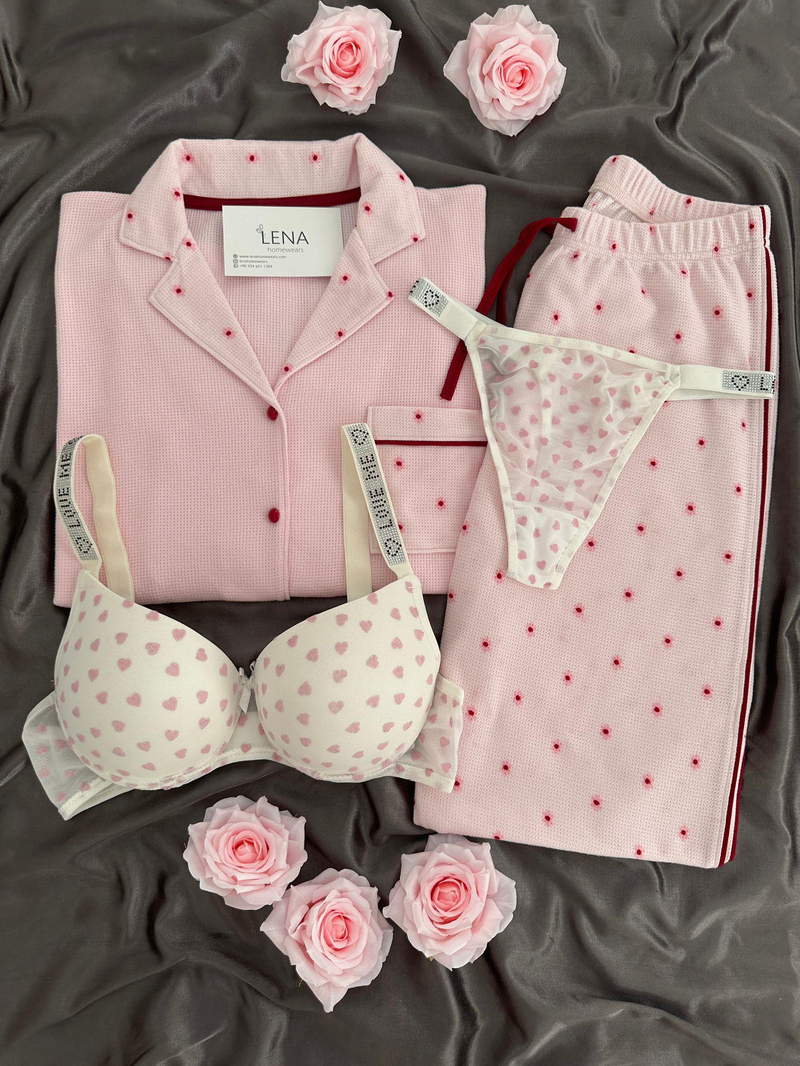 Pembe Çiçek Desenli Waffle Dörtlü Pijama Seti