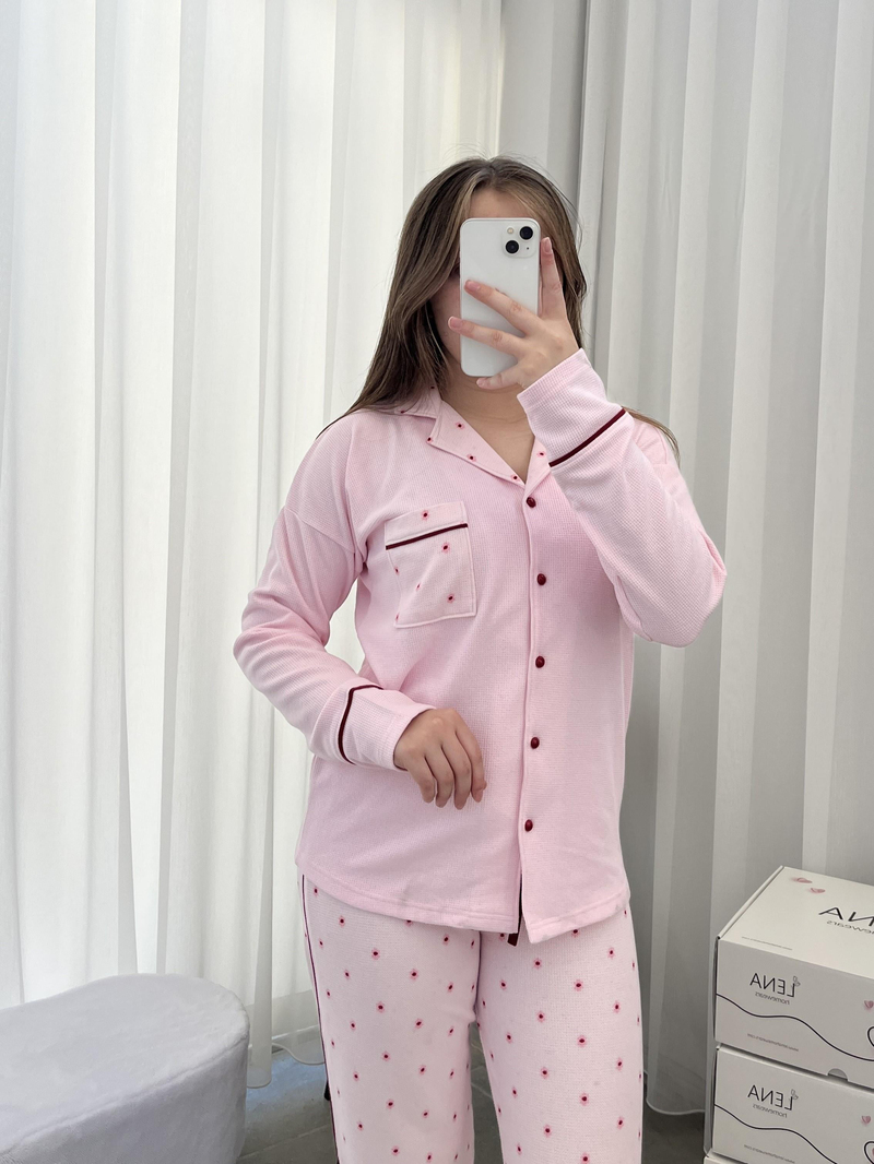 Pembe Çiçek Desenli Waffle Dörtlü Pijama Seti
