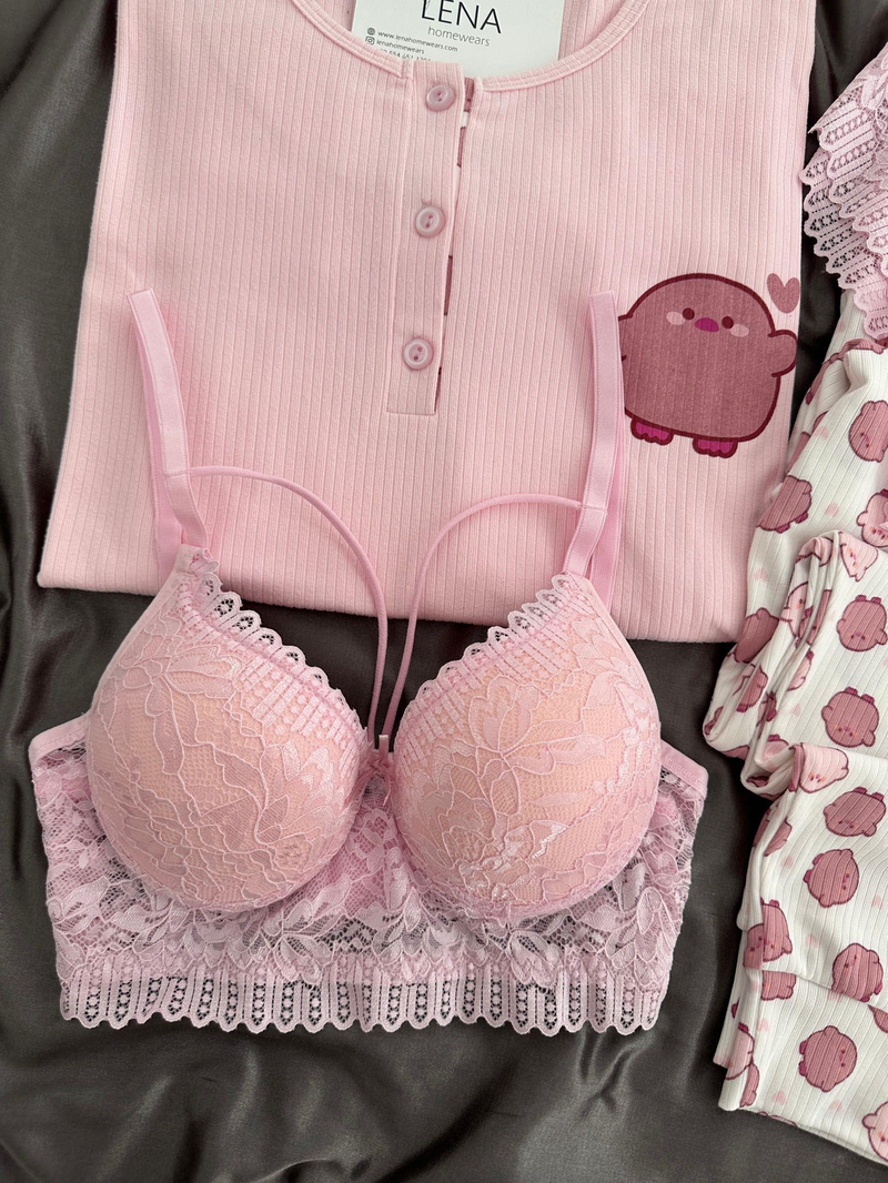 Pembe Civciv Desenli Dörtlü Pijama Seti