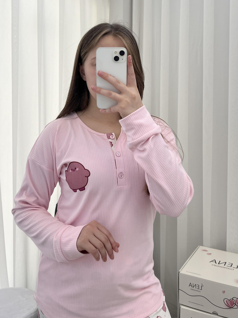 Pembe Civciv Desenli Patlı Uzun Kollu Pijama Takımı
