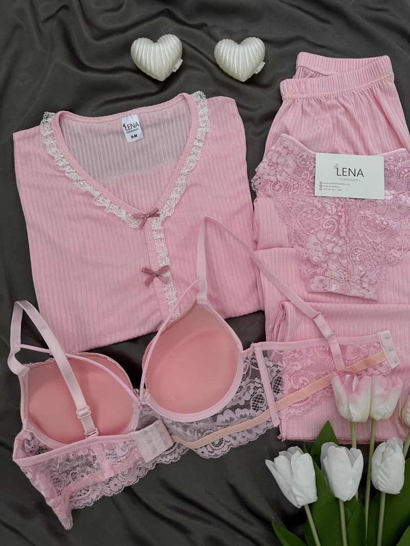 Dantella Pembe Dörtlü Pijama & İç Çamaşırı Seti
