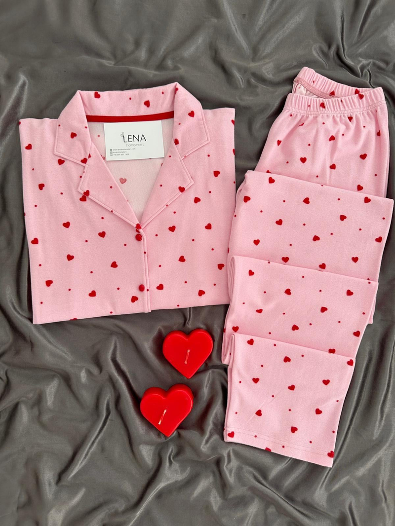 Pembe Kalp Desenli Düğmeli Termosoft Pijama Takımı