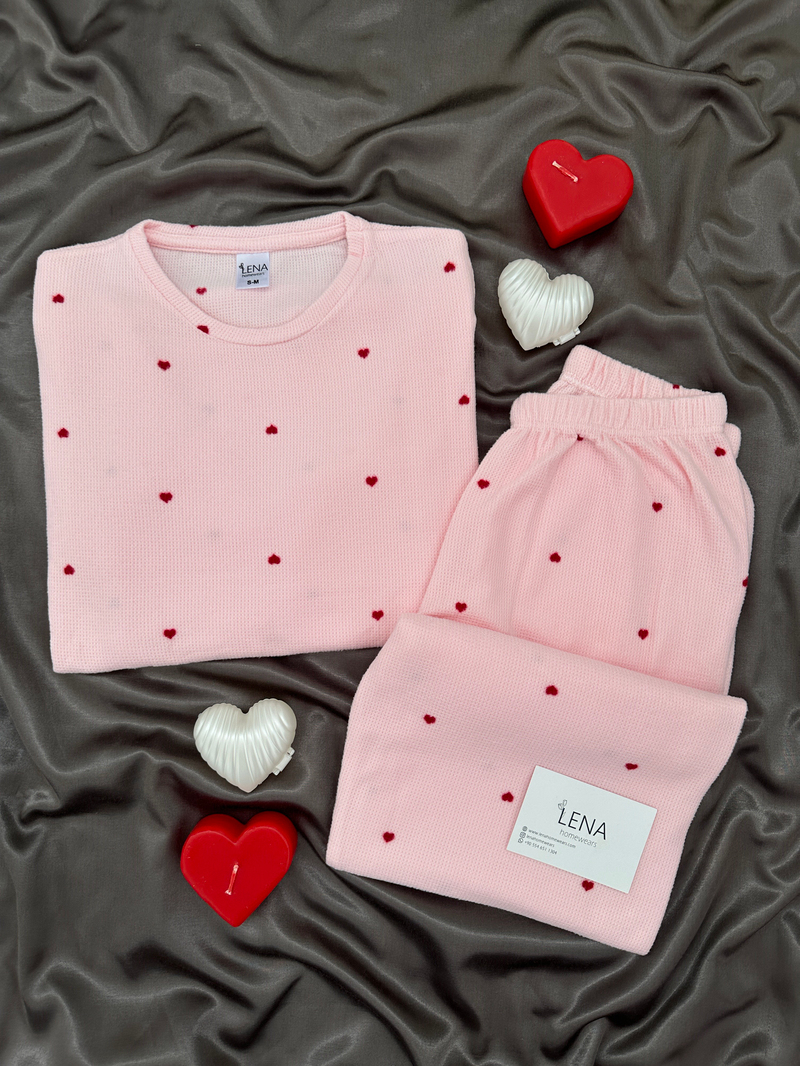Pembe Kalp Desenli Waffle Uzun Kollu Pijama Takımı