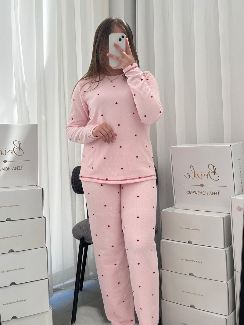 Pembe Kalp Desenli Waffle Uzun Kollu Pijama Takımı