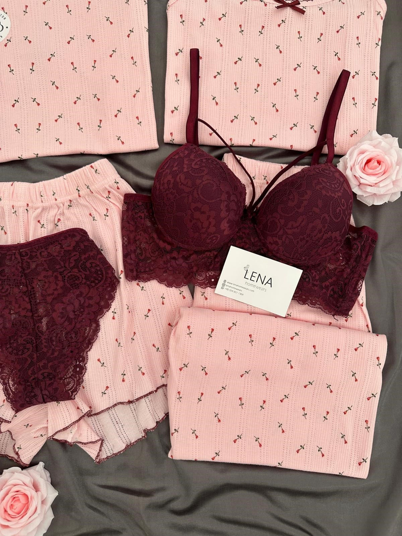 Pembe Lale Pamuklu 6lı Transfer Pijama Takımı