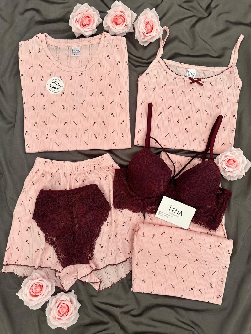 Pembe Lale Pamuklu 6lı Transfer Pijama Takımı