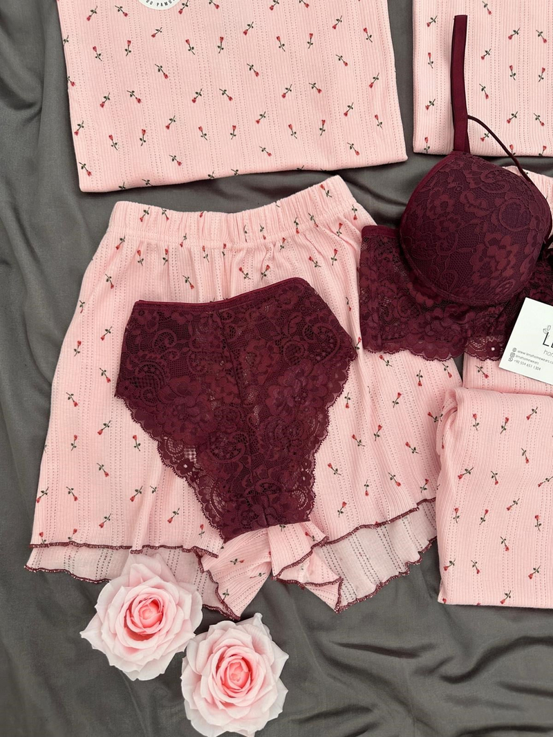 Pembe Lale Pamuklu 6lı Transfer Pijama Takımı