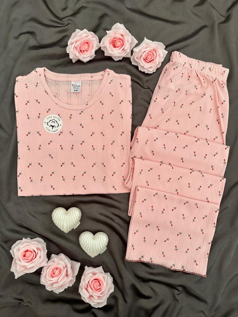 Pembe Lale Pamuklu Kısa Kollu Pijama Takımı