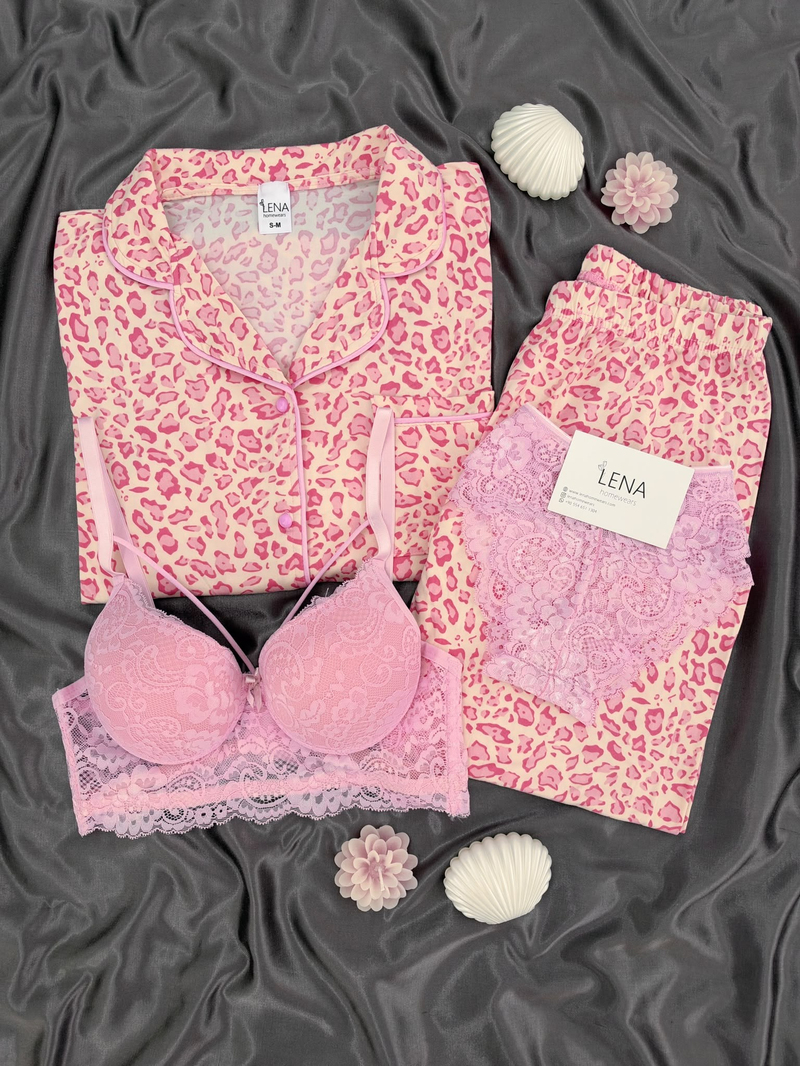 Pembe Leopar Desenli Ekru Milan Uzun Kollu Pijama Takımı