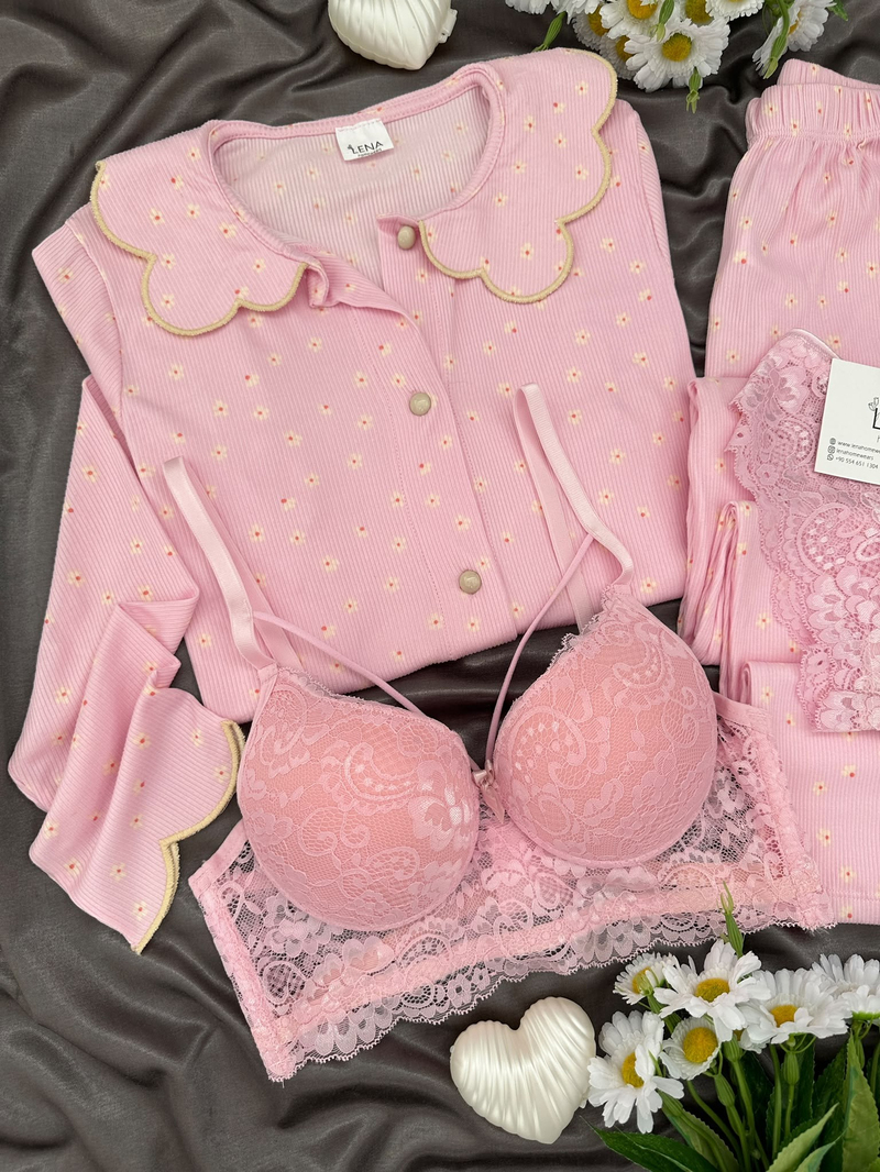 Pembe Nakış 4lü Uzun Kollu Pijama & Çamaşır Seti