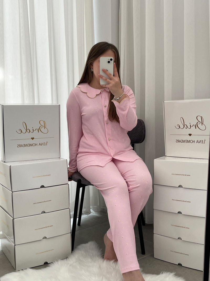 Pembe Nakış 4lü Uzun Kollu Pijama & Çamaşır Seti