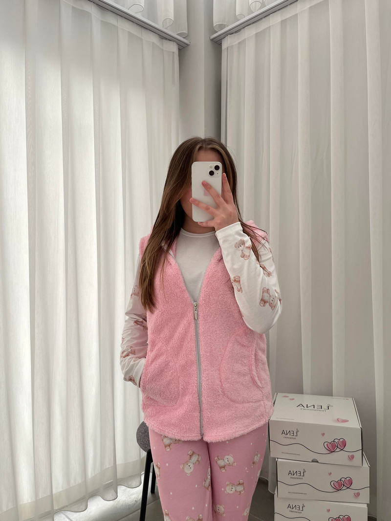 Pembe Peluş Yelekli 3lü Takım