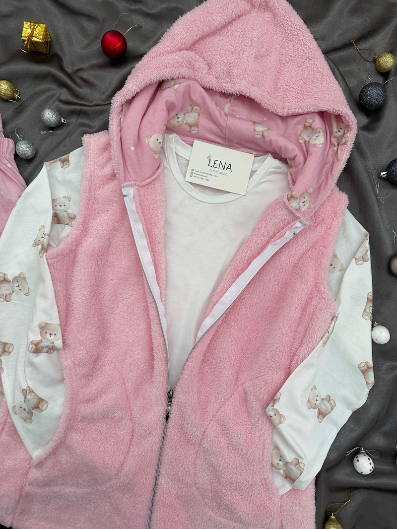 Pembe Peluş Yelekli 3lü Takım