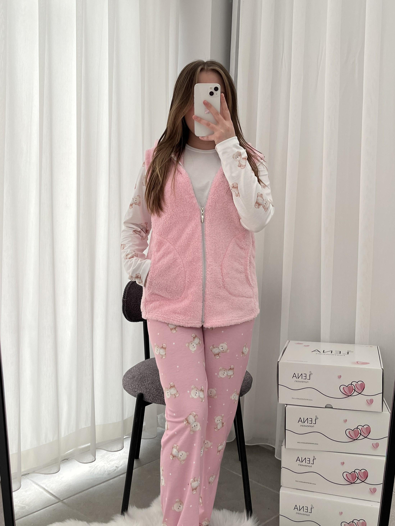 Pembe Peluş Yelekli 3lü Takım
