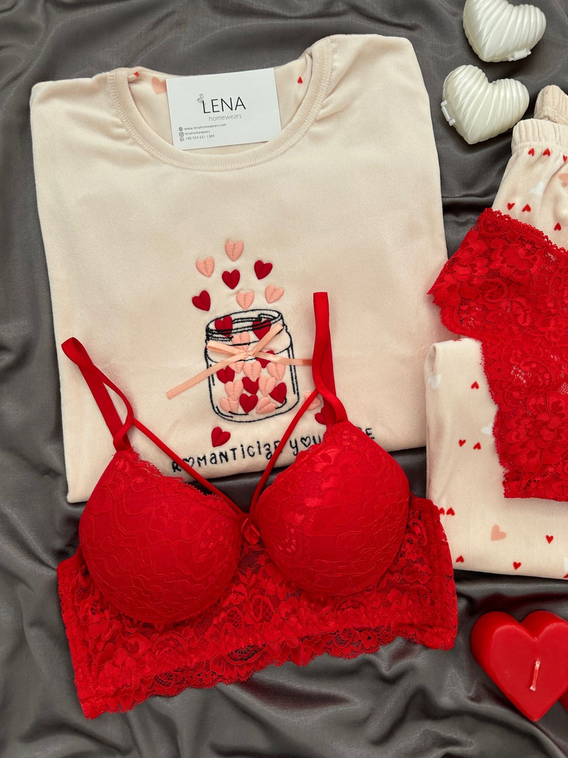 Pudra Kalp İşlemeli 4lü Fransız Kadife Pijama Takımı