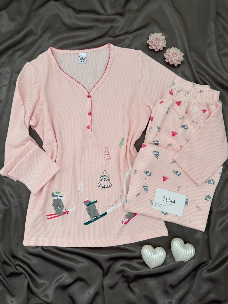 Pembe Kayak Desenli Patlı Waffle Pijama Takımı
