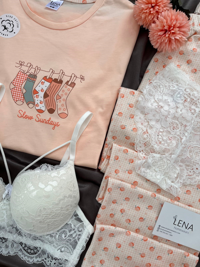 Şeftali Pamuk Dörtlü Pijama & Çamaşır Seti 