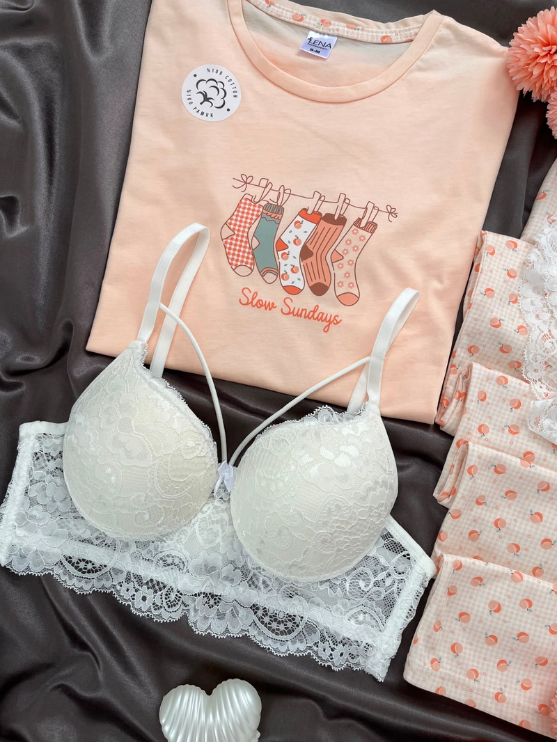 Şeftali Pamuk Dörtlü Pijama & Çamaşır Seti 