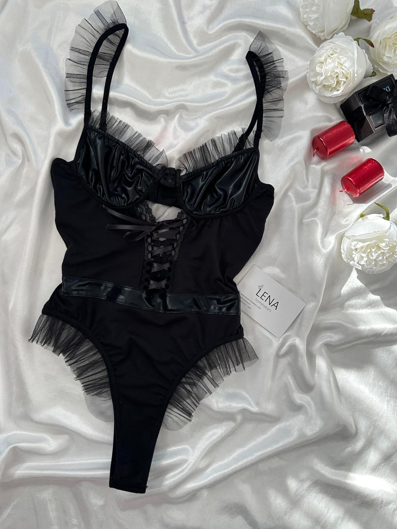 Siyah Deri Fantezi Bodysuit