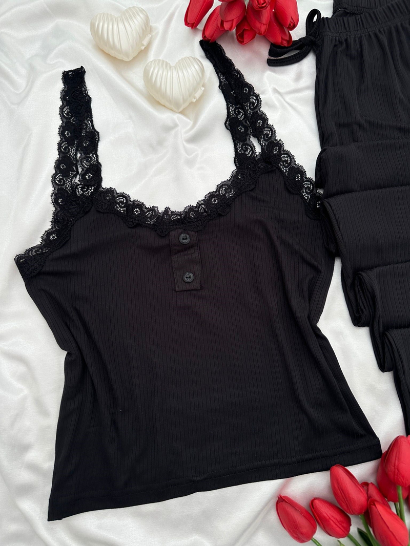 Siyah Fransis Askılı Pijama Takımı