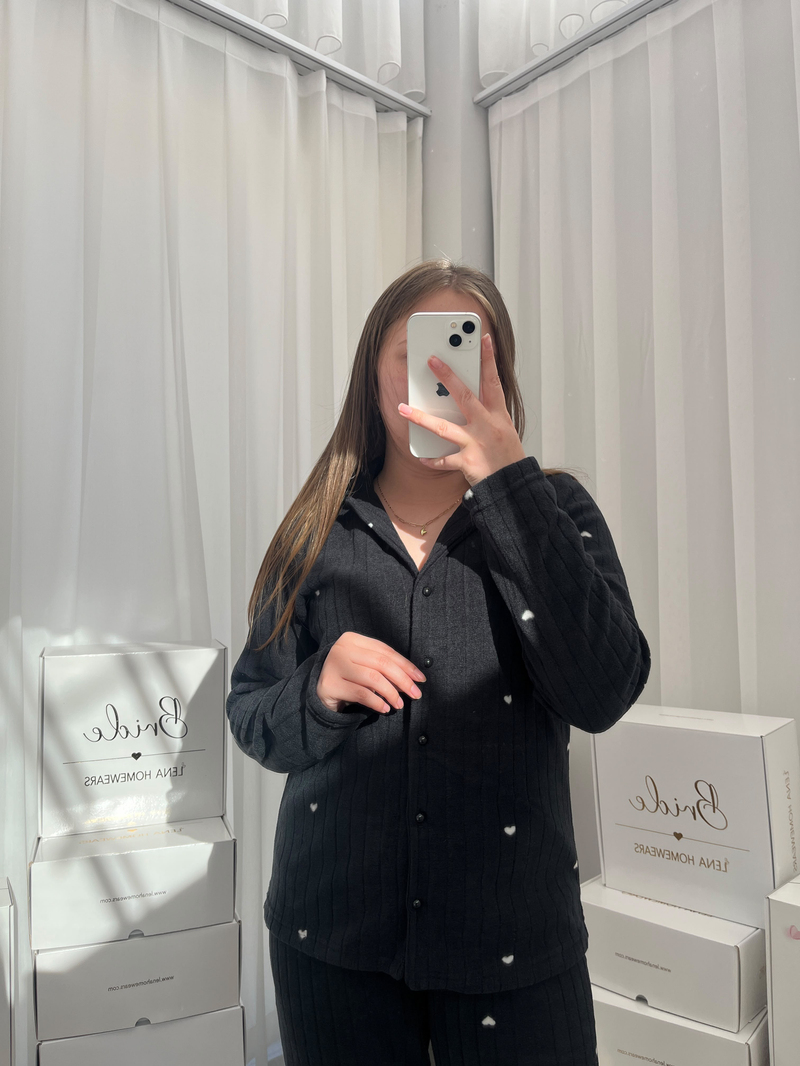 Siyah Kalp Desenli 4lü Polar Uzun Kollu Pijama Takımı