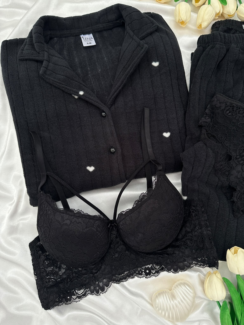 Siyah Kalp Desenli 4lü Polar Uzun Kollu Pijama Takımı