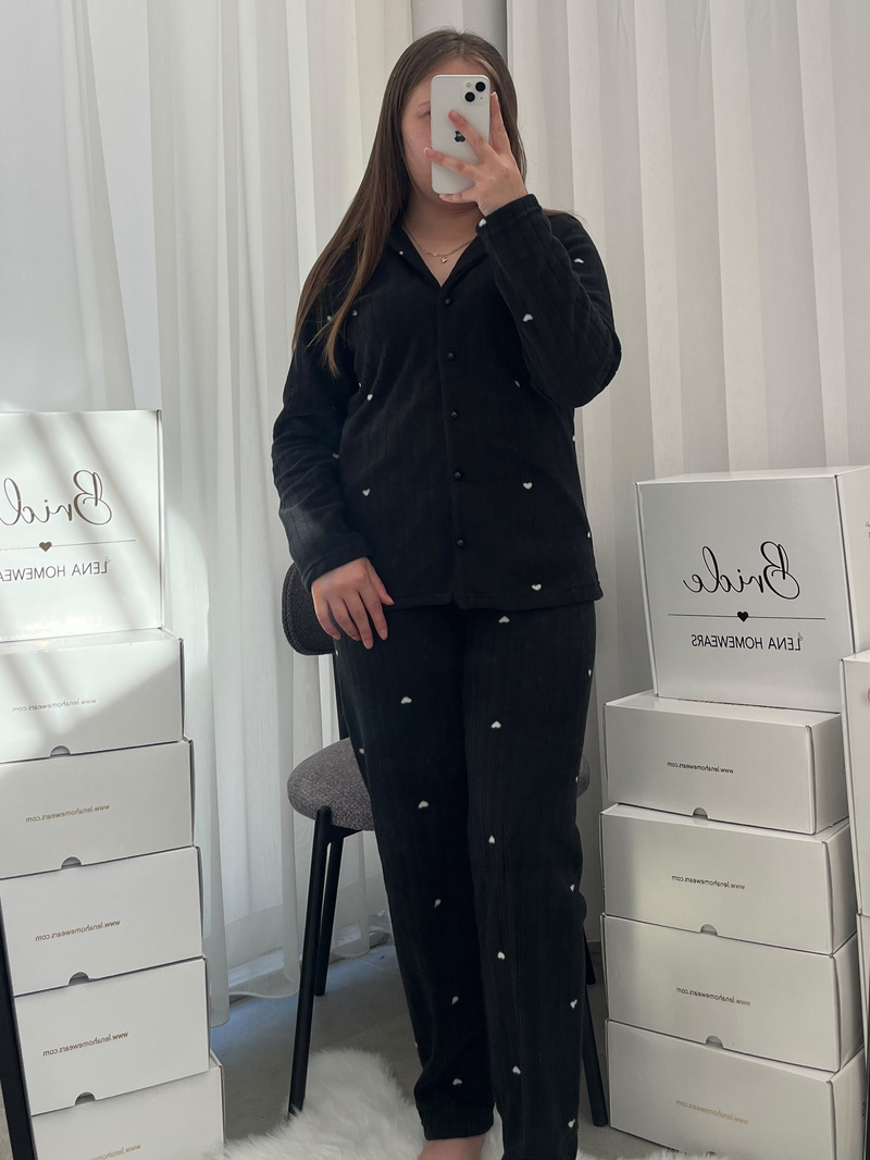 Siyah Pretty Uzun Kollu Polar Pijama Takımı