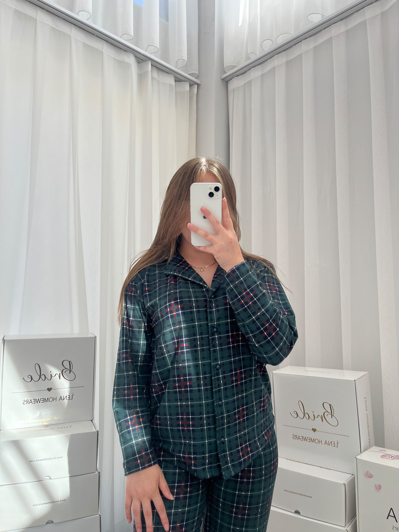 Yeşil Ekose Desenli 4lü Termosoft Pijama Takımı