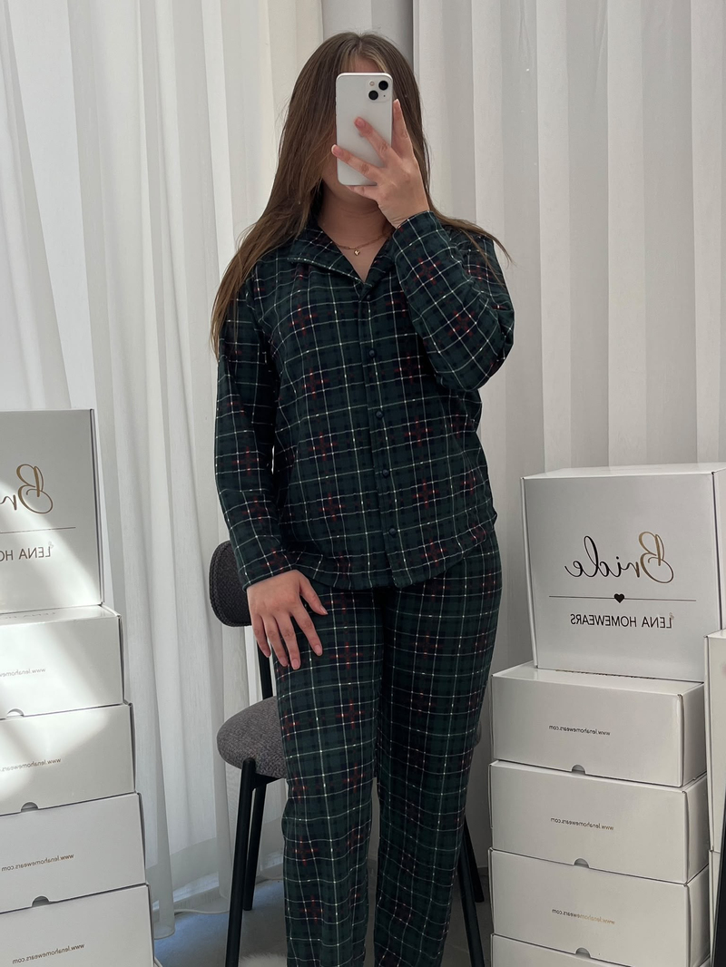 Yeşil Ekose Desenli Termosoft Pijama Takımı