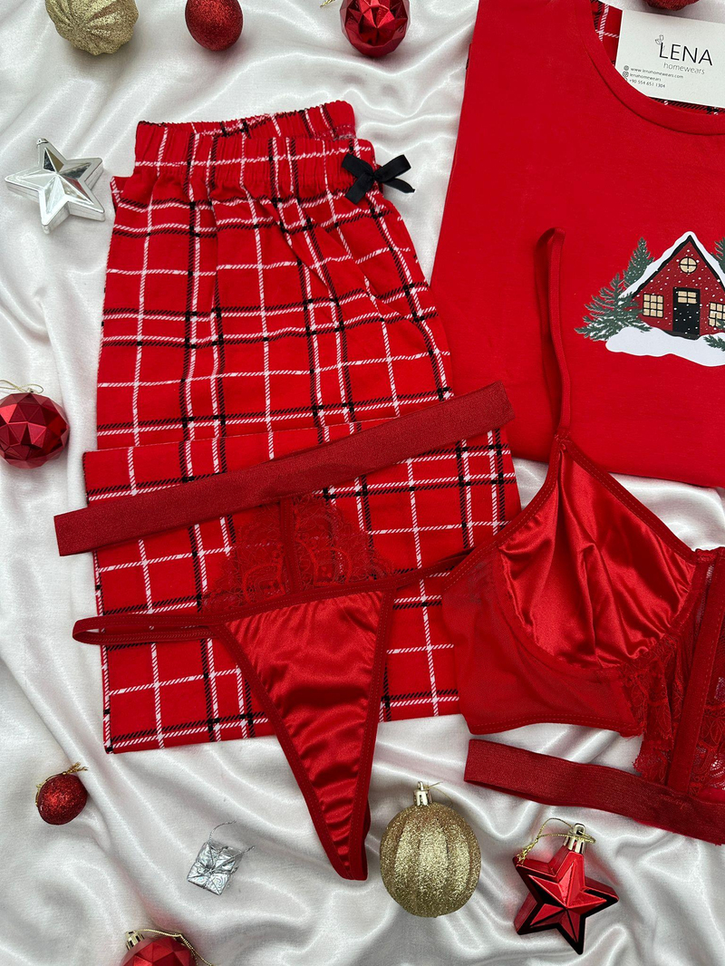Yılbaşı Kırmızı Ev Desenli Dörtlü Kadın Pijama Takımı