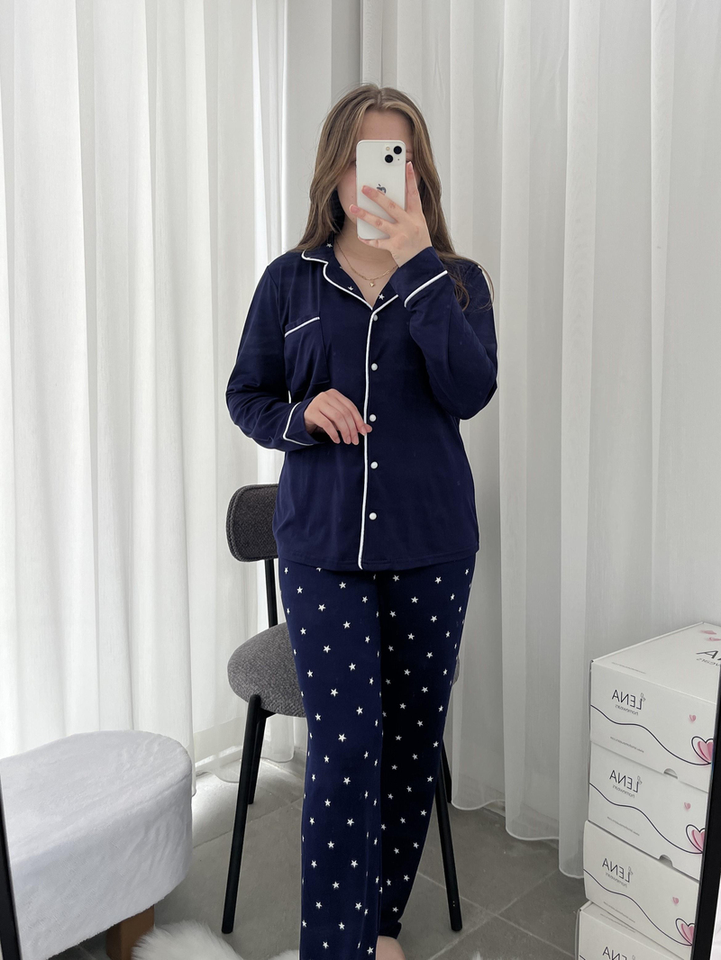 Yıldız Desenli Lacivert Milan Mevsimlik  Pijama Takımı