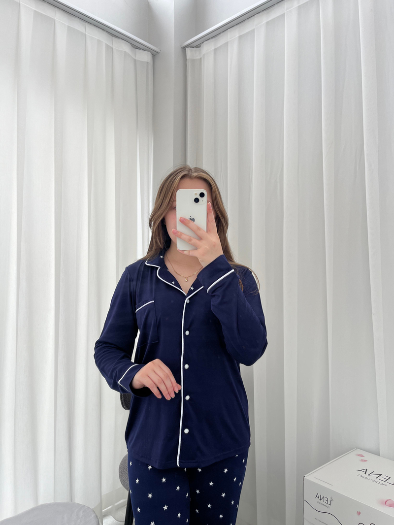Yıldız Desenli Lacivert Milan Mevsimlik  Pijama Takımı