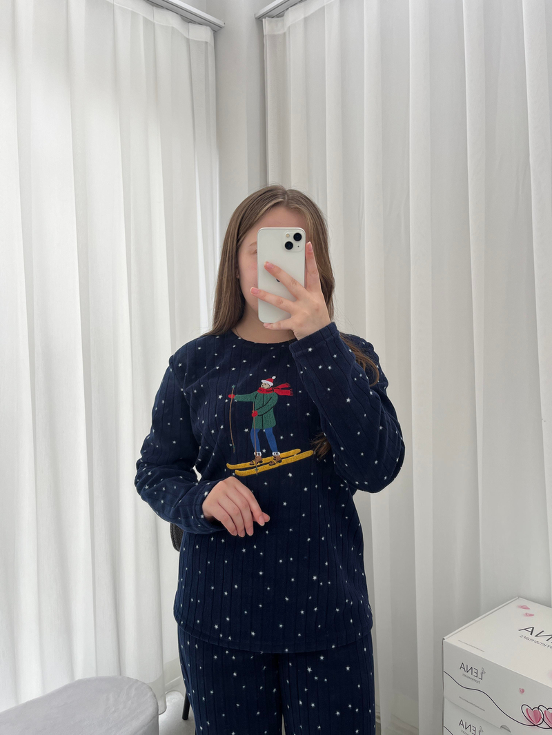 Lacivert Kayak İşleme Detaylı Polar Pijama takımı