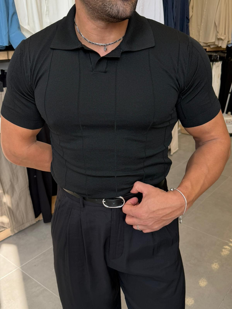 Ferel Kendinden Çizgi Desenli Triko Pamuk Tshirt Siyah