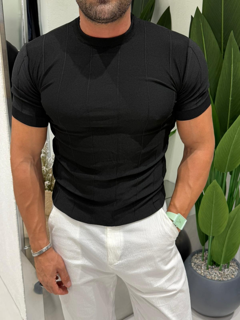 Ferel Kendinden Çizgili Triko Tshirt Siyah