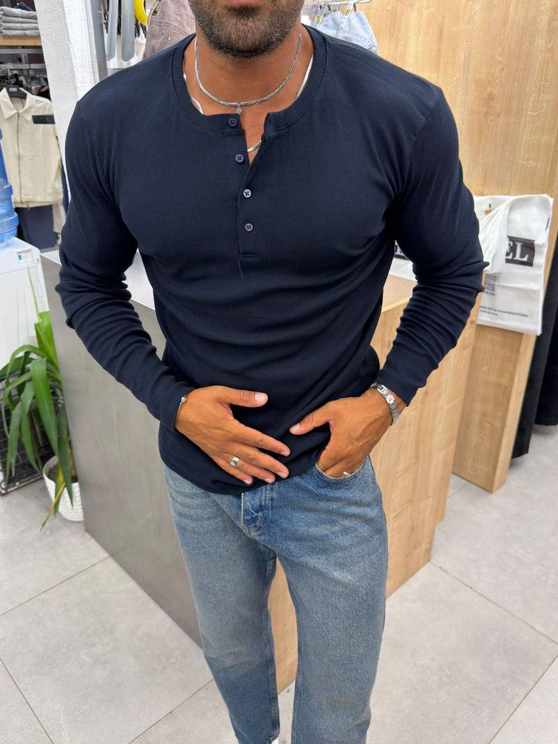Henley Yaka Fitilli Sweat Lacivert