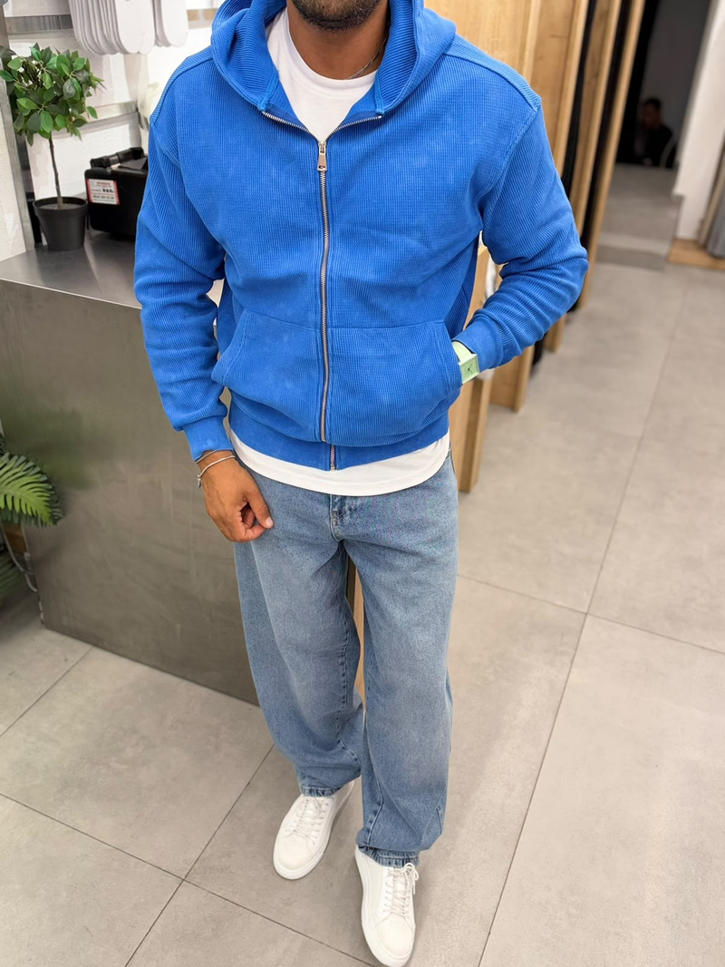 VamosYıkamalı Waffle Sweatshirt Saks Mavi