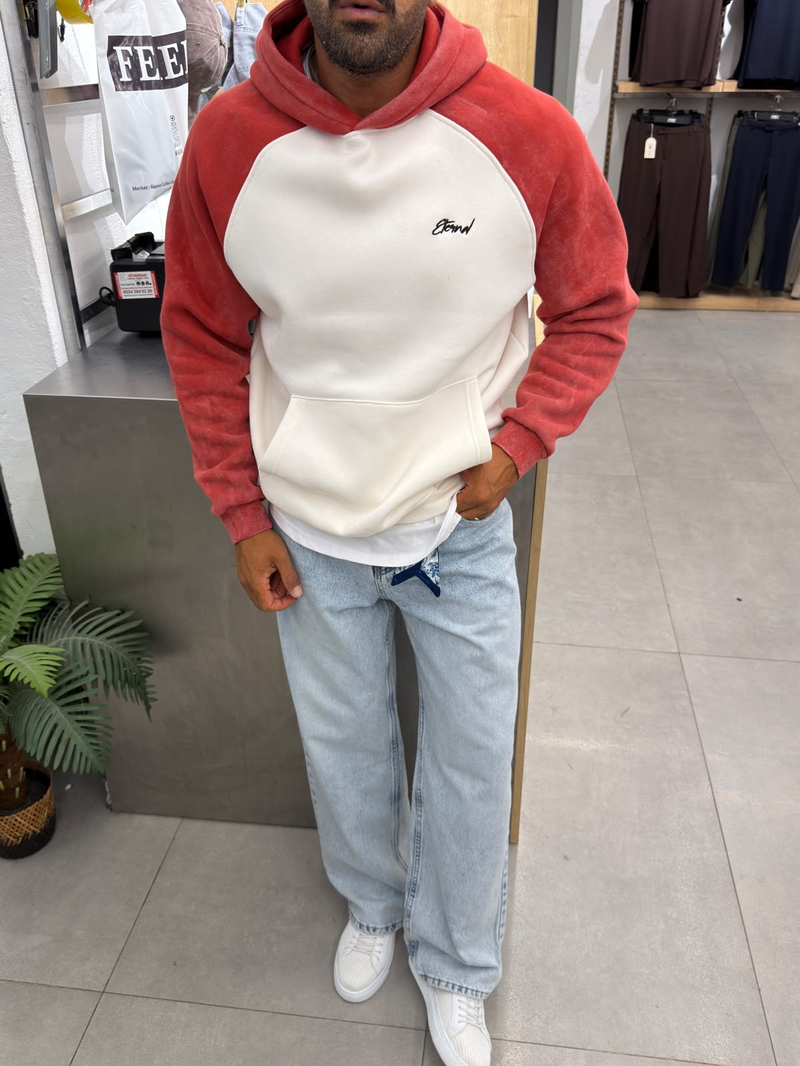 Yüksek Kalite Yıkamalı Sweatshirt Beyaz Turuncu
