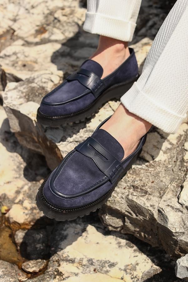 Loafer Ayakkabı Lacivert Süet Biye